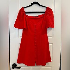 Zara Red Orange Puff Sleeve Button Down Linen Mini Dress